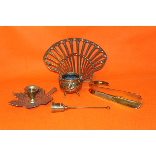 383 - Brass Trivet, Candle Holder, Shoe Horn, Snuffer & Pot