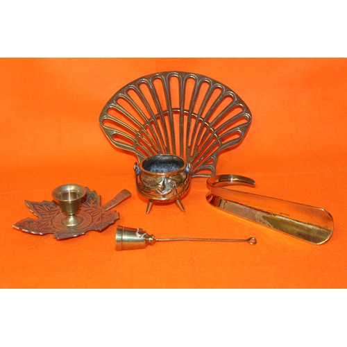 383 - Brass Trivet, Candle Holder, Shoe Horn, Snuffer & Pot