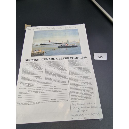 545 - Thomas A Fallows Ltd Edition Print Mersey - Cunard Celebration 1990 x2