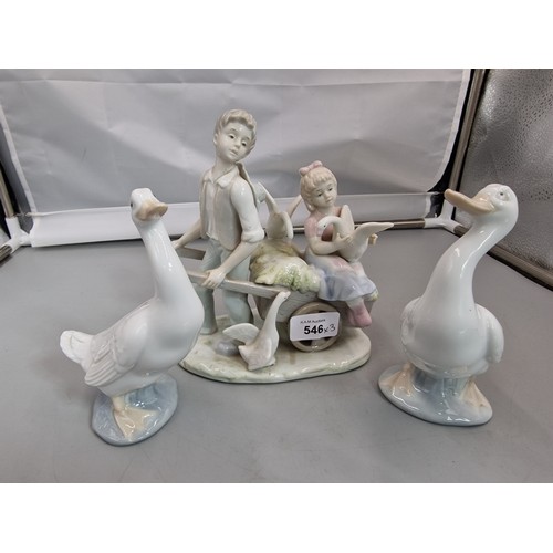 546 - Spanish Ceramic Girl With Goose And 2 Nao Geese.