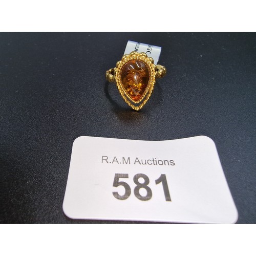 581 - Size R to S Baltic Cognac Amber Gold Tone Sterling Silver Ring.