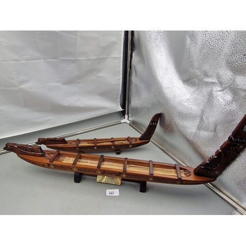 657 - New Zealand Hand Carved “Waka” Viking Ship With Inlaid Pearls Presented To D1060 England And A  Smal... 