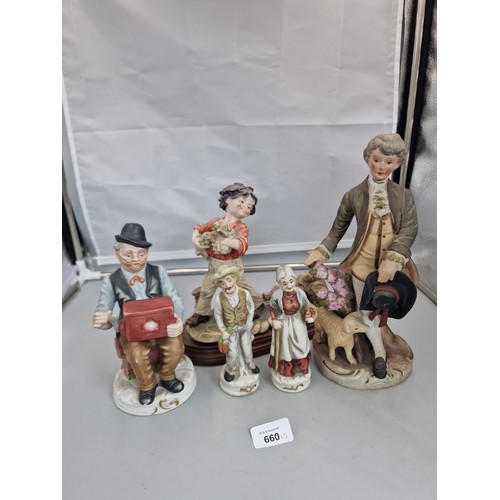 660 - Group Of 5 Capo Style Figurines To Include A Man With Sheep and a Boy Playing With a Dog.