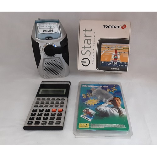 716 - Phillips Wind Up Radio, Tom Tom Sat Nav, Calculator and Sim Card.