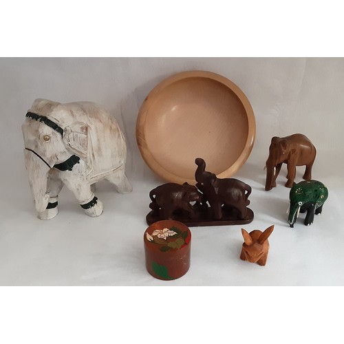 721 - Collection Of Wooden Elephants, Bowl and A Trinket Pot.