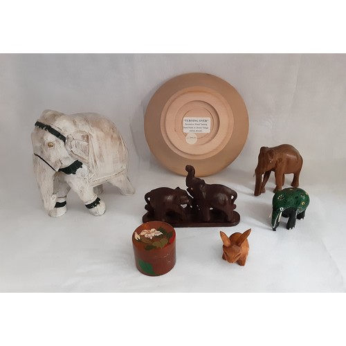 721 - Collection Of Wooden Elephants, Bowl and A Trinket Pot.