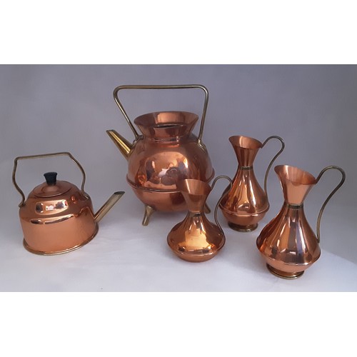 814 - Collection Of 4 Copper Jugs and A Copper Kettle.