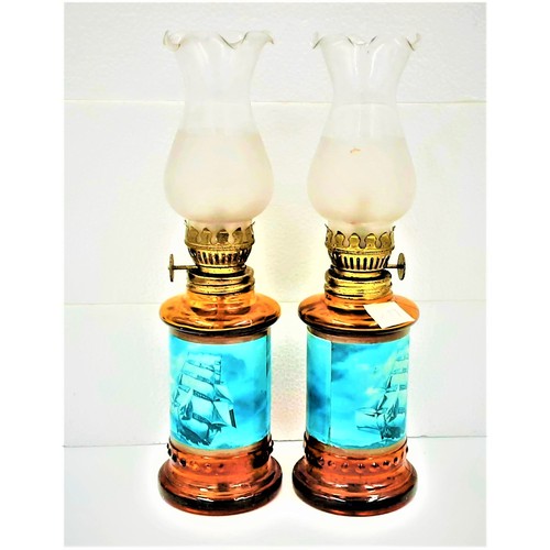 277 - Pair of Vintage Oil Lamps with Galleon Decoration