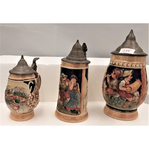 288 - 3 Graduated German Steins with Pewter Lids