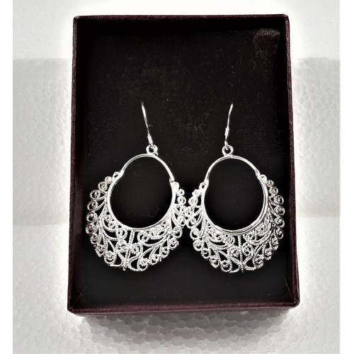 601 - Pair of 925 Silver Filigree Hoop Earrings - New