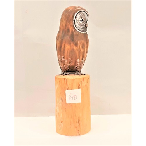 610 - Handcarved Wooden Owl on Tree Stump