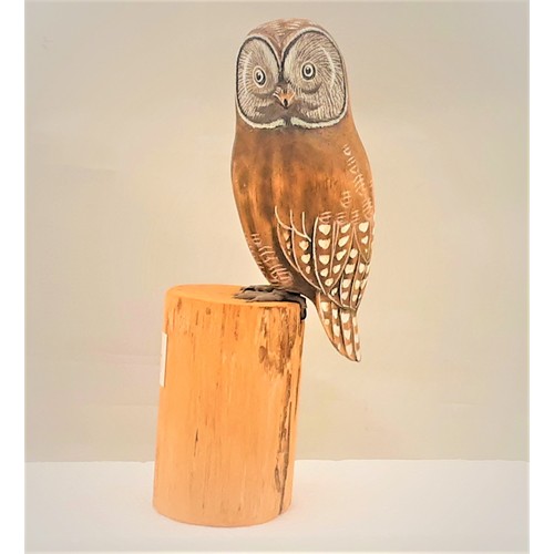 610 - Handcarved Wooden Owl on Tree Stump