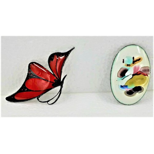 616 - 2 x Enamel Brooches, 1 Butterfly & 1 Colour Swirl