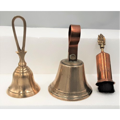 629 - 3 items of Brass & Copper - 2 x Bells & Galleon Crumb Brush