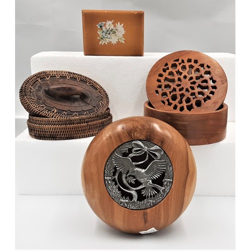 919 - 3 x Decorative Treen Lidded Pots + a Treen Music Box