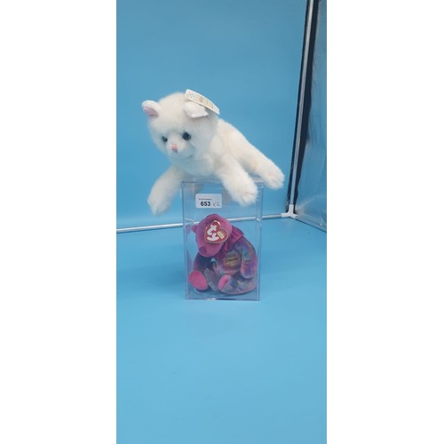 653 - Ty Cased January Beanie Bear And A White Cat.