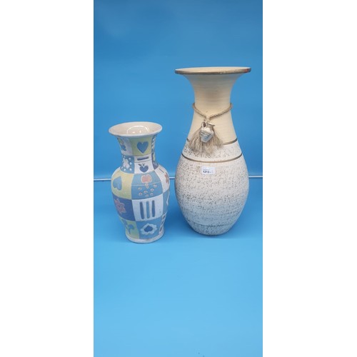 1213 - 2 Large Vases 1 With a Rope Top Handle and 1 With Yellow and Blue Flowers.