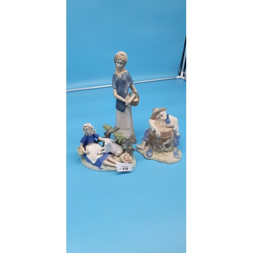 578 - Tall Lady With Basket Blue and Cream, Man With Beer Barrell and A Girl With A Lamb.