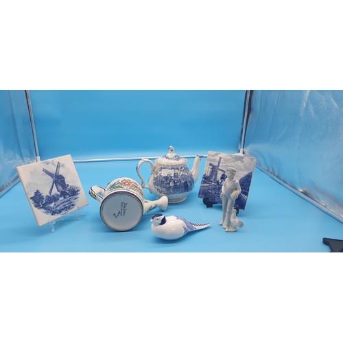 497 - 2 Blue and White Delf Tiles, Blue and White Myott Tea Pot and 2 John Jenkins Items