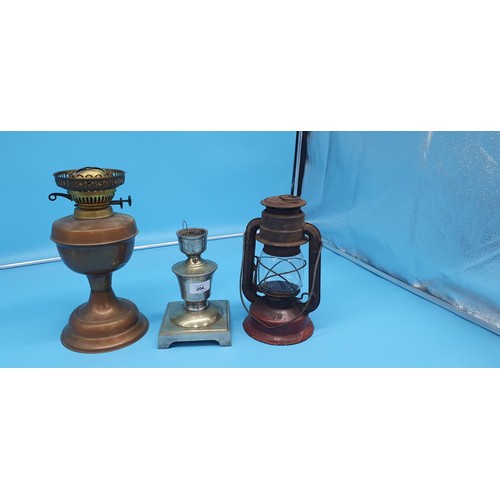 204 - 3 Vintage Lamps To Include A Brass Lamp, A Miners Lamp and A Lamp With A Plated Base