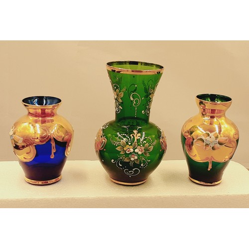 166 - 3 x Bohemian Glass Vases in - Green, Blue & Gold Colours