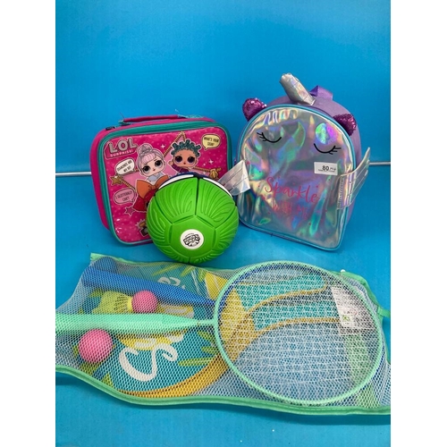 80 - 2 Lunch Bags, A Racket Set and 1 Flat Ball.