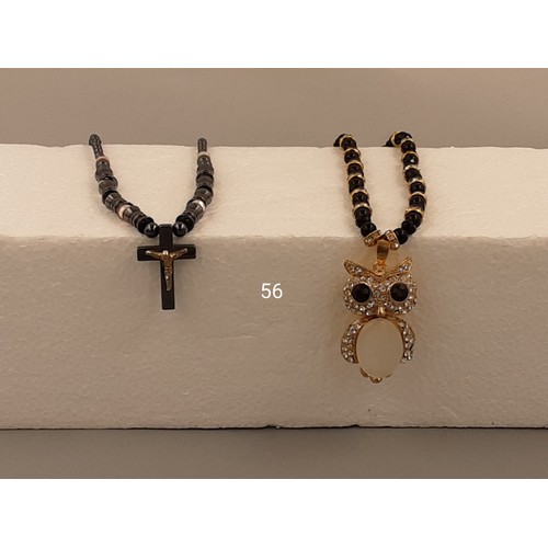 56 - 1 Hematite & Crystal Necklace (Owl) + 1 Hematite Cross & Chain Necklace