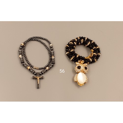 56 - 1 Hematite & Crystal Necklace (Owl) + 1 Hematite Cross & Chain Necklace