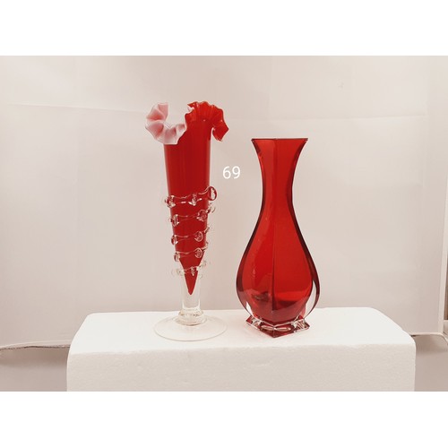 69 - 2 x Red Glass Vases - 1 Frill Edged, 1 Square