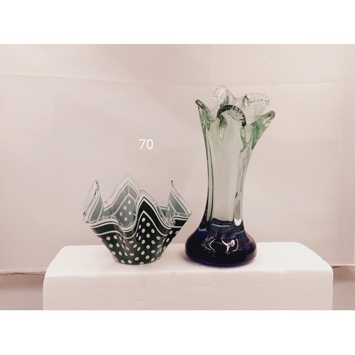 70 - Hand Blown Green/Blue Vase + Green Handkerchief Vase