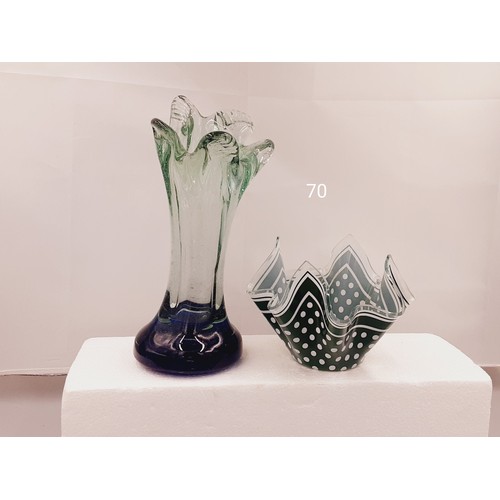 70 - Hand Blown Green/Blue Vase + Green Handkerchief Vase