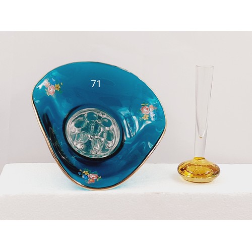 71 - Blue Glass Flower Bowl with frog + Yellow Bubble Base Bud Vase