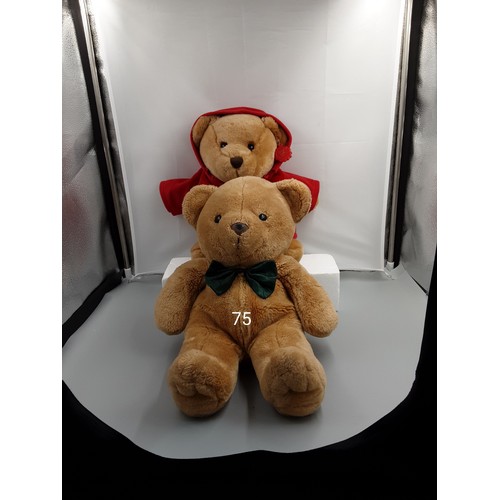 75 - 2 x Teddy Bears - 1 with Red Coat & 1 with Green Neck Bow