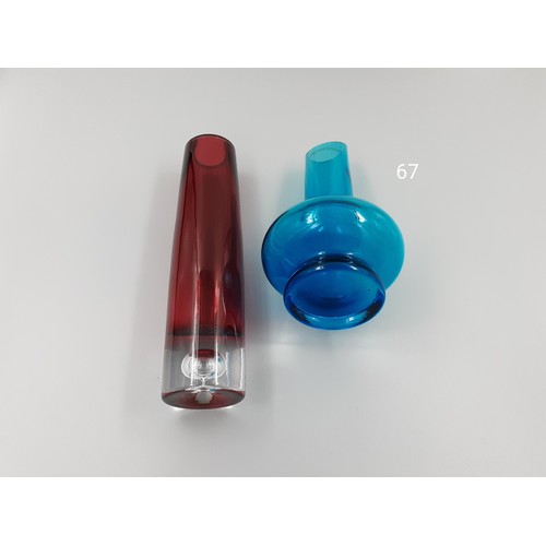 67 - Teal Hand Blown Polish Glass Vase + Red Bubble Base Vase