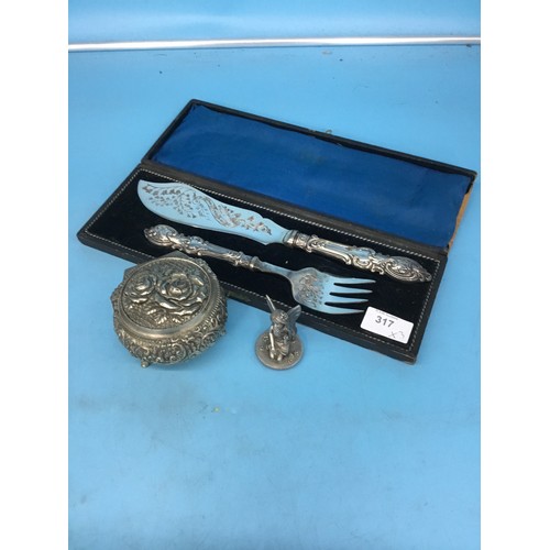 317 - Cased Plated Knife and Fork, Lidded Dish and A Fairy