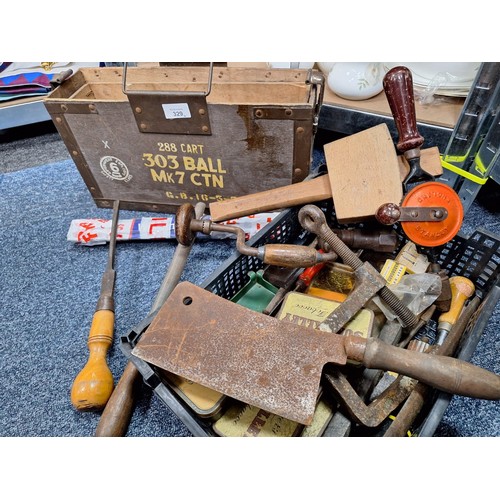 329 - Box Of Vintage Tools and Military Army Ammo Box In Wood