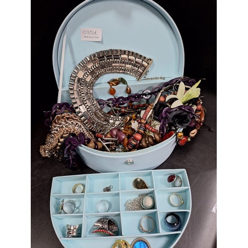 1035A - Blue jewellery box Full Of Fashion and Vintage Jewellery to inc. rings + necklaces