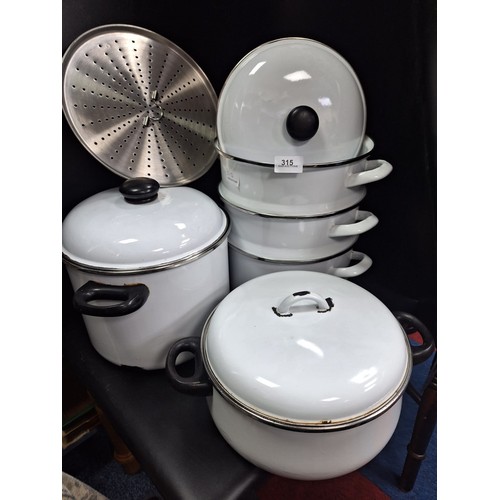 315 - Series Of 5 Vintage Enamel Cooking Pots, Lids Etc.