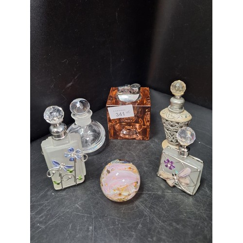 341 - Crystal Lighter, 4 Perfume Bottles and A Paperweight