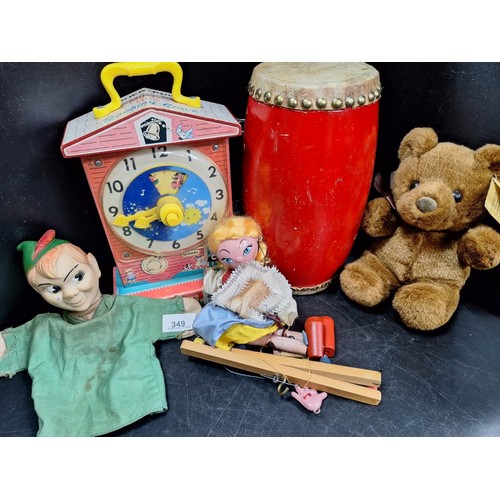 349 - Vintage Fisher Price Toy, Marionette Hand Puppet, A Drum and A Teddy