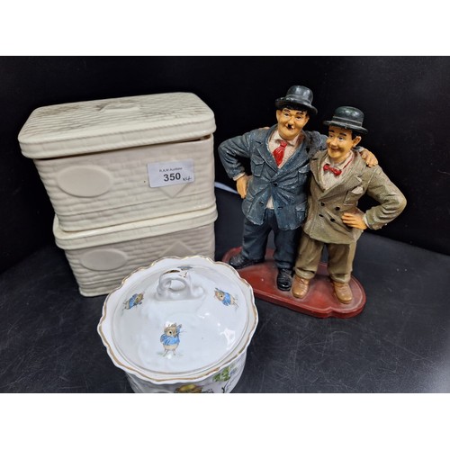 350 - Aynsley Weaved Basket Dishes x2, A Crown Lidded Dish and a Laurel and Hardy Figure