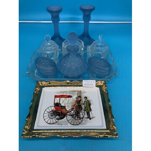 132 - Vintage glass coloured dressing table set + car ceramic plaque gilded