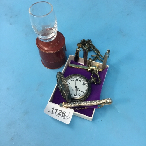 1126 - Dad Pocket Watch, 5 Tie Pins and an Isle of Man Shot Glass