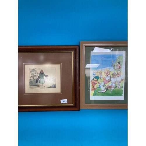 492 - 2 Framed Pictures Harliquine and Funny Golfer