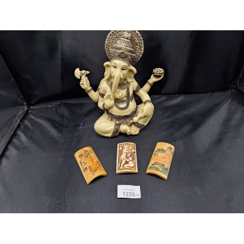 1233 - Chinese Elephant Figure and 3 Erotic Vintage Belt Ornaments Made of Bone