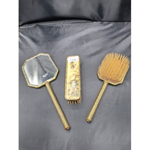 1238 - Antique Chinese Silk Tapestry Brush, Mirror and Clothes Brush Set x3