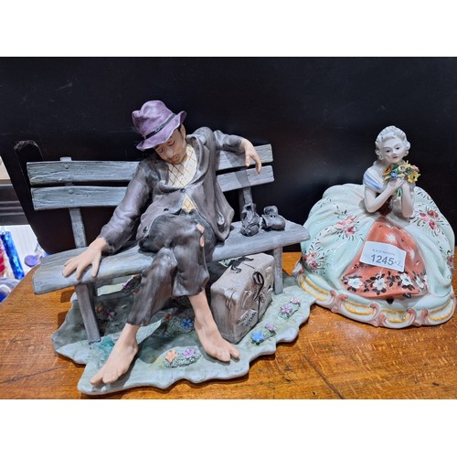 1245 - Vintage Capodimonte Tramp on a Bench and an Italian Rare Lady Figure Marked to Base