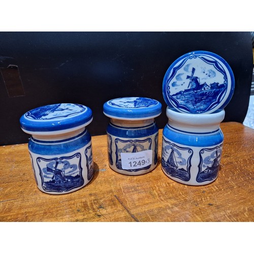 1249 - Vintage Blue and White Dutch Delph Pots and Lids x3 Windmill Designs