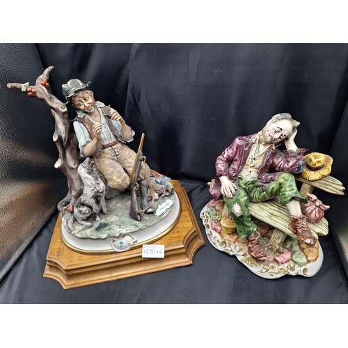 1251 - 2 Vintage Extra Large Capodimonte Figures on Bases 1 with Guns and a Tramp on a Bench