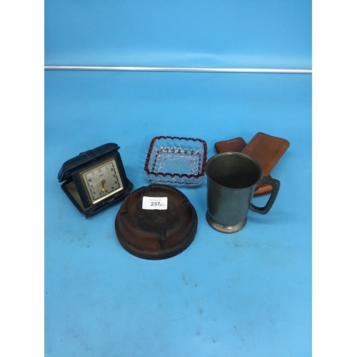 237 - Glass Ashtray, Leather English Hide Cigar Case's, Pewter Tankard by Round Head, and a German Cased T... 